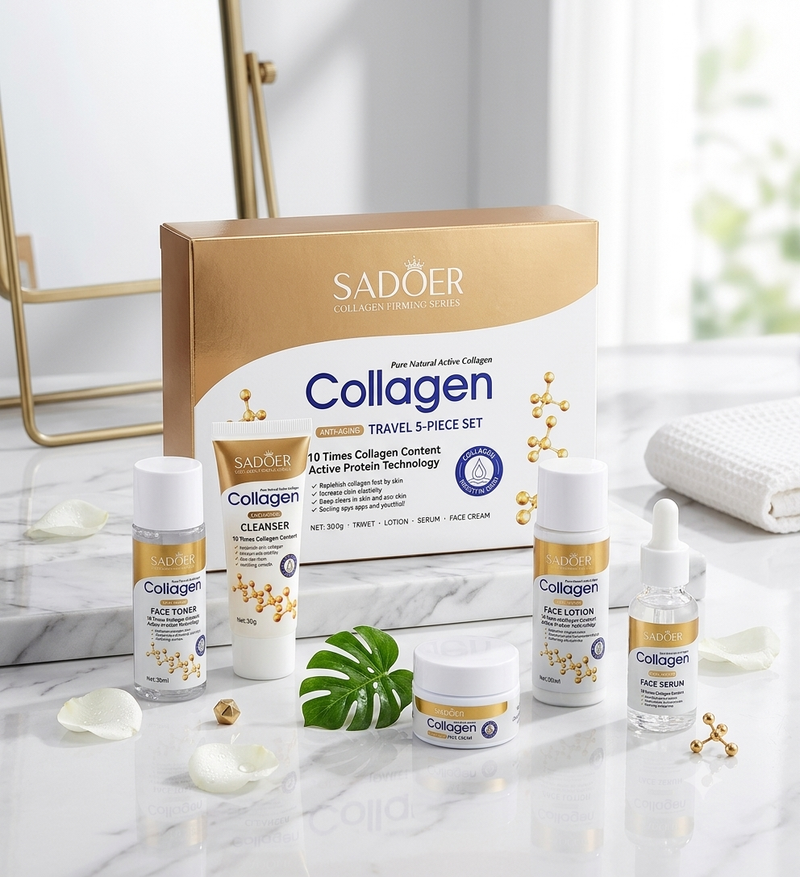 SADOER Collagen Anti-Aging Travel 5-Piece Set – Pure Natural Active Collagen Skincare Kit (10x Collagen Content)