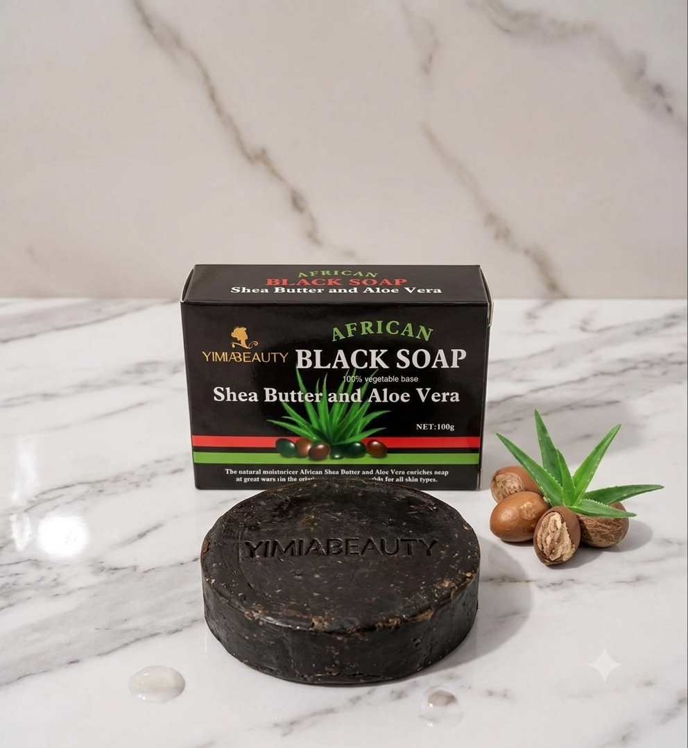 Yimiabeauty African Black Soap – 100% Vegetable Base with Shea Butter and Aloe Vera (100g)