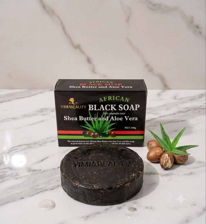 Yimiabeauty African Black Soap – 100% Vegetable Base with Shea Butter and Aloe Vera (100g)